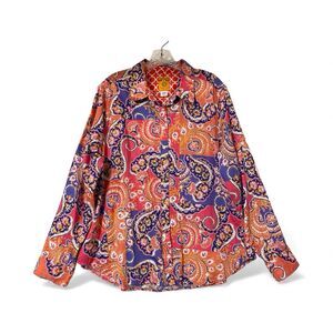 Multicolor Paisley Shirt Women 20W Button Down Non Iron Long Sleeve Boho Vibrant